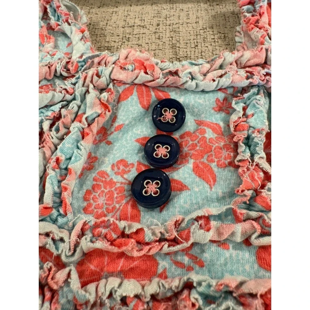 Matilda Jane Girls Coral Blue Floral Ruffle Dress Size 2 Sleeveless Knit Smocked